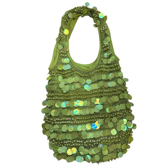 2000s lime green sequin beaded dangle shoulder bag y2k vintage fairy vibes - Picture 2 of 3